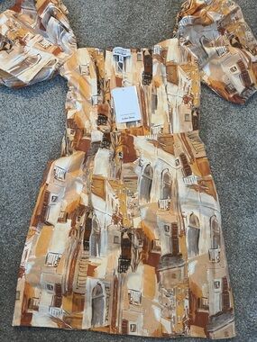 & Other Stories NEW Printed Puff-Sleeve Mini Dress in Beige and Brown